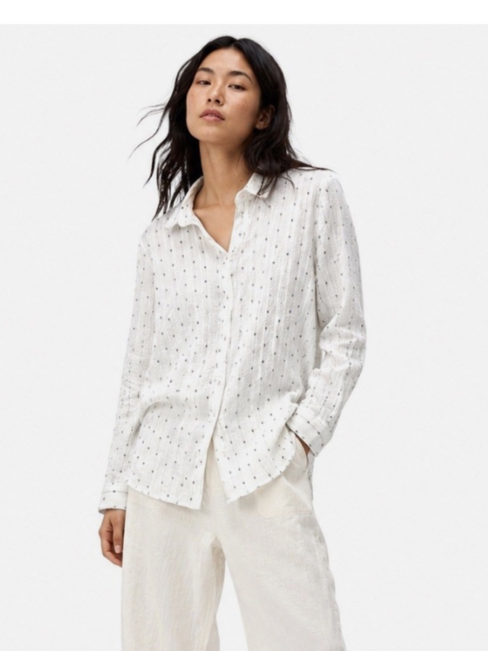 Feather Bone Anthropologie S Cream Metallic Dot Crinkle Button-Up